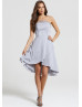 Gray Chiffon Beads Strapless Hi Low Prom Dress 